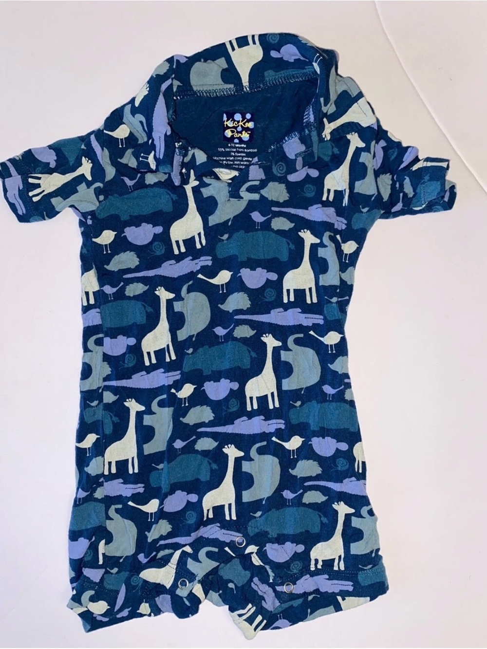 Kickee Pants 6 - 12 Month Romper Collar Coverall Snaps Blue Jungle Animal Cotton